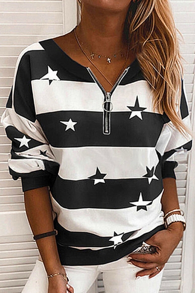 Fashionable Hoodie Stripe Star Pattern 1/4 Zip Collar Long Sleeve Fitted Hoodie Sweatshirt