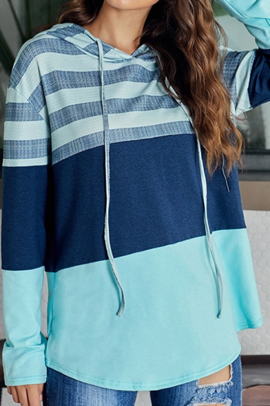 Girls Basic Sweatshirt Horizontal Stripe Drawstring Hooded Long Sleeve Fitted Sweatshirt