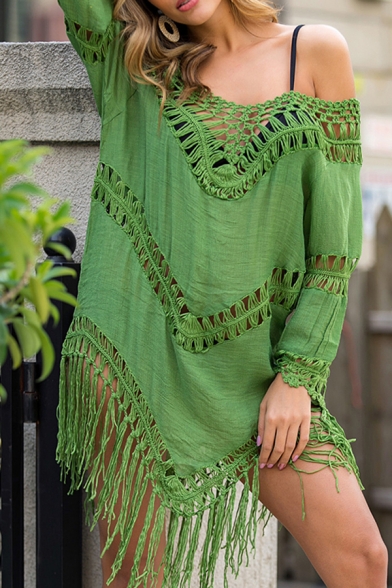 Girls Boho Style Asymmetrical Dress Plain Crochet Tassel Hollowed Backless Half-Sleeve V Neck Short Dress
