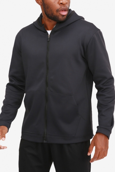 Mens Jacket Fashionable Kangaroo Pocket Breathable Quick-Dry Zipper Detail Long Sleeve Hooded Regular Fit Workout Jacket