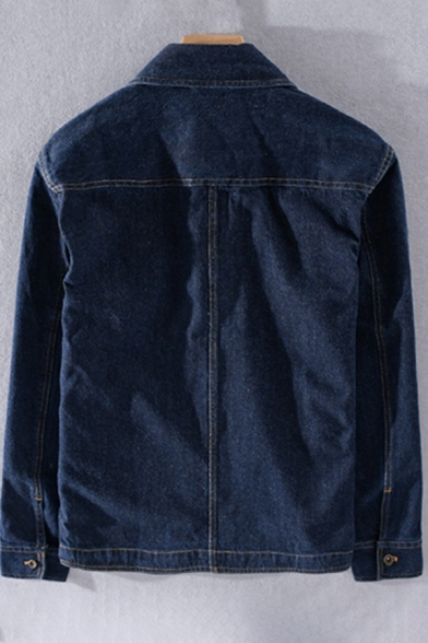 Mens Jacket Trendy Dark Wash Contrast Topstitching Pockets Button up Turn-down Collar Long Sleeve Regular Fit Denim Jacket
