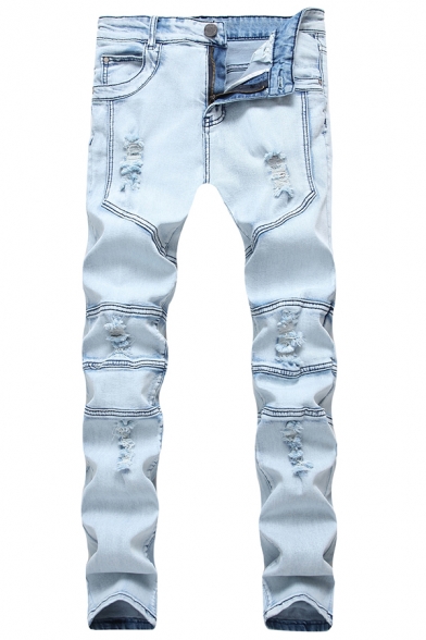 Mens Retro Solid Color Stretch Fitted Light Blue Ripped Jeans