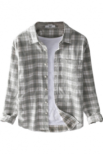 Mens Shirt Fashionable Plaid Print Chest Pocket Purified Cotton Spread Collar Button Detail Regular Fit Long Sleeve Shirt