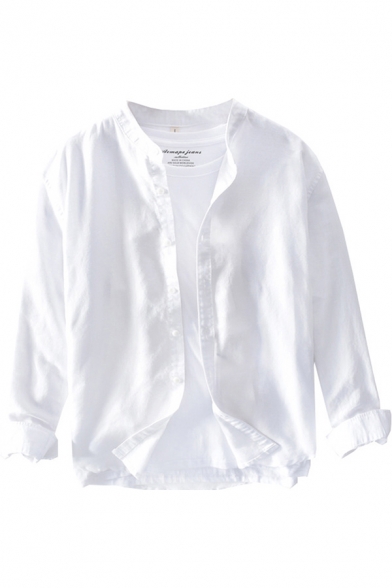 Mens Shirt Fashionable Plain Cotton Linen Button down Long Sleeve Stand Collar Regular Fit Shirt