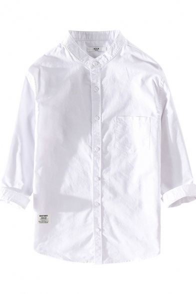 Mens Shirt Simple Label Patch Oxford Stand Collar Button Detail Regular Fit 3/4 Sleeve Shirt with Chest Pocket