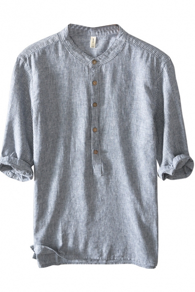 Mens T Shirt Creative Vertical Pinstripe Print Button Detail Cotton Linen 3/4 Sleeve Regular Fitted Stand Collar Tee Top