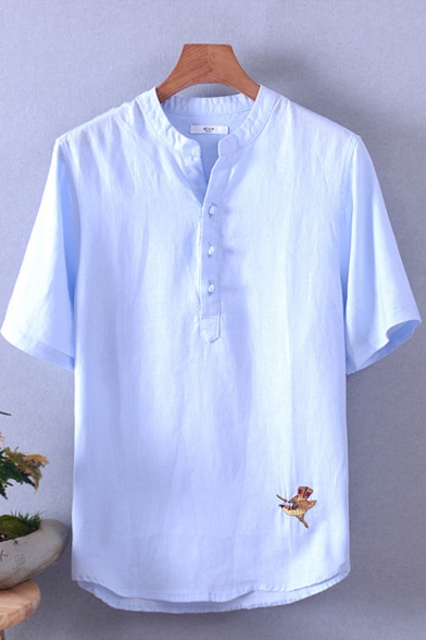Mens Tee Top Fashionable Bird Embroidered Frog Button Detail Stand Collar Half Sleeve Regular Fitted Linen T-Shirt