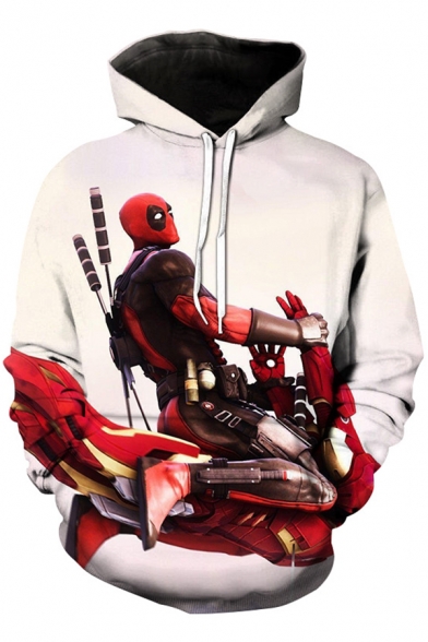 New Stylish Funny 3D Comic Figure Print Long Sleeve White Loose Fit Hoodie