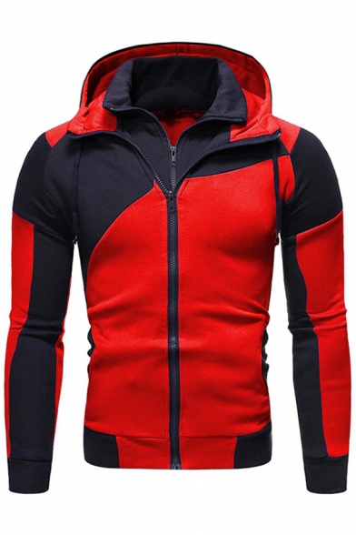 Novelty Mens Jacket Color Block Panel Double-Layer Zipper Detail Long Sleeve Slim Fitted Hooded Jogger Jacket