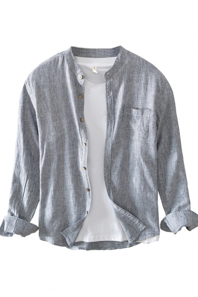 Novelty Mens Shirt Vertical Stripe Pattern Cotton Linen Button up Stand Collar Long Sleeve Regular Fit Shirt with Chest Pocket