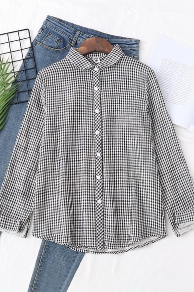 Novelty Womens Shirt Solid Color Plaid Print Double Layer Cotton Yarn Button down Long Sleeve Turn-down Collar Loose Fitted Shirt