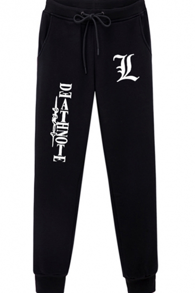 Vintage Mens Pants Letter Pattern Anime Death Note Drawstring Waist Slim Fit 7/8 Length Tapered Cuffed Jogger Pants