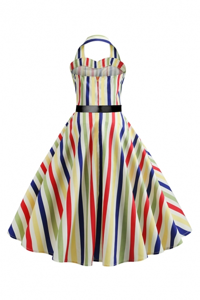 Women's Vintage Colorful Striped Print Halter Neck Sleeveless Midi A-Line Flared Dress