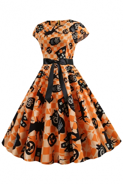 Womens Dress Trendy Checkered Owl Pumpkin Ghost Candy Cane Print Bow Tie Waist Midi A-Line Slim Fitted Round Neck Short Sleeve Swing Dress