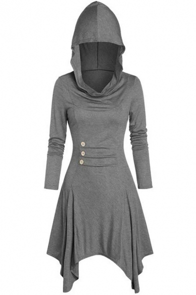 Womens Dress Trendy Solid Color Button Decoration Asymmetric Hem Midi Slim Fitted Long Sleeve Hooded A-Line Dress