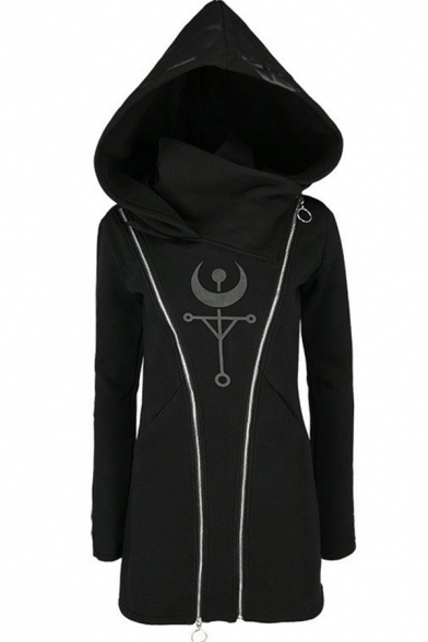 Womens Hooded Sweatshirt Unique Punk Style Crescent Moon Scale Print Zipper Embellished Tunic Slim Fitted Long Sleeve Hoodie