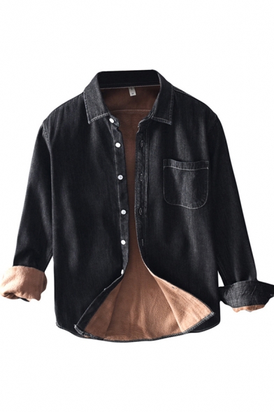 Basic Mens Shirt Contrast-Lined Thick Button down Chest Pocket Long Sleeve Point Collar Regular Fit Denim Shirt