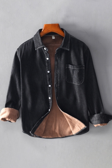 Basic Mens Shirt Contrast-Lined Thick Button down Chest Pocket Long Sleeve Point Collar Regular Fit Denim Shirt