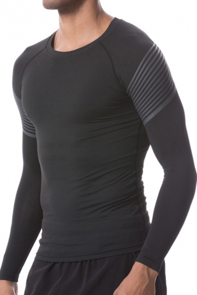 Basic Mens Tee Top Arm-Stripe Quick Dry Skinny Fitted Round Neck Long Sleeve Compression T-Shirt