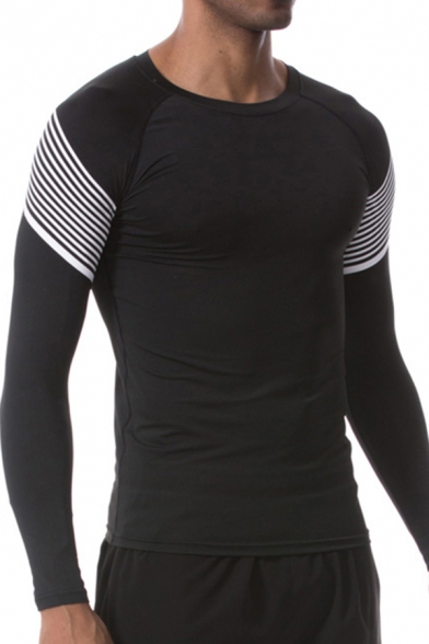 Basic Mens Tee Top Arm-Stripe Quick Dry Skinny Fitted Round Neck Long Sleeve Compression T-Shirt