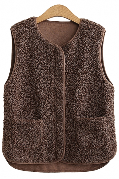 Basic Womens Vest Solid Color Front Double-Pocket Zipper down Regular Fit Round Neck Sleeveless Sherpa Vest