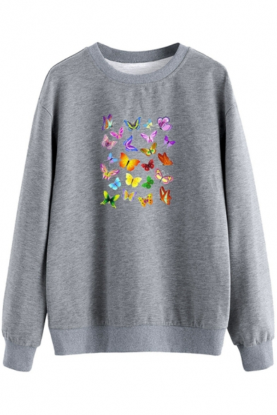Colorful Womens Sweatshirt Butterfly Pattern Loose Fit Long Sleeve Crew Neck Pullover Sweatshirt
