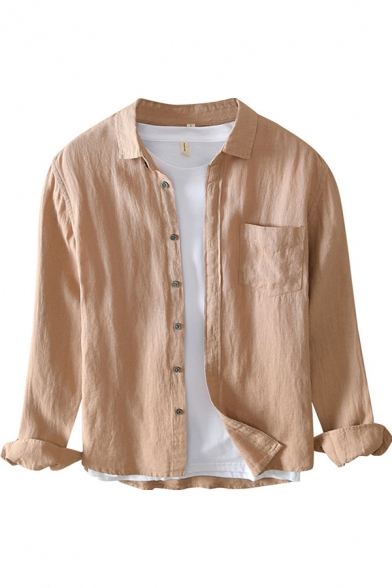Cool Mens Shirt Solid Color Chest Pocket Linen Turn-down Collar Button Detail Regular Fit Long Sleeve Shirt
