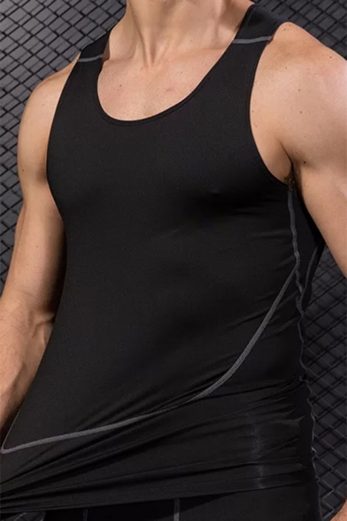 Cool Mens Tank Top Topstitching Stretch Sweat-Absorbing Sleeveless Round Neck Skinny Fitted Tank Top
