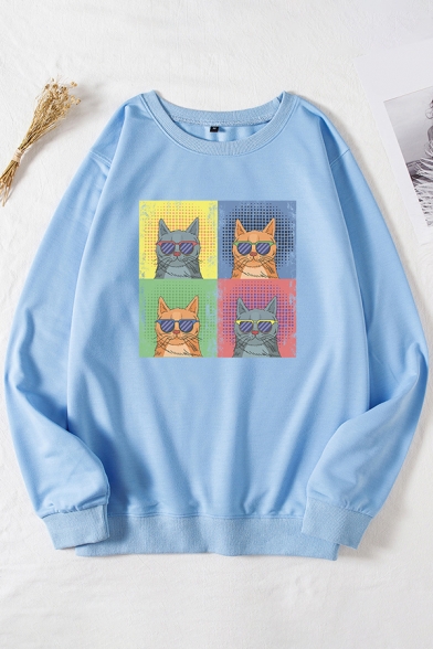 Cool Womens Sweatshirt Cat Glasses Pattern Loose Fit Long Sleeve Crew Neck Pullover Sweatshirt