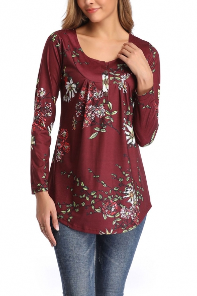 Cozy Women's Tee Top All over Floral Pattern Buttons Scoop Neck Long Sleeved Henley Tee Top