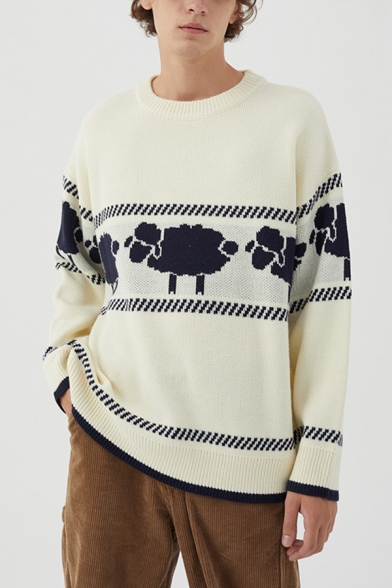 Elegant Men's Sweater Sheep Animal Print Knitwear Round Neck Long Sleeve Sweater