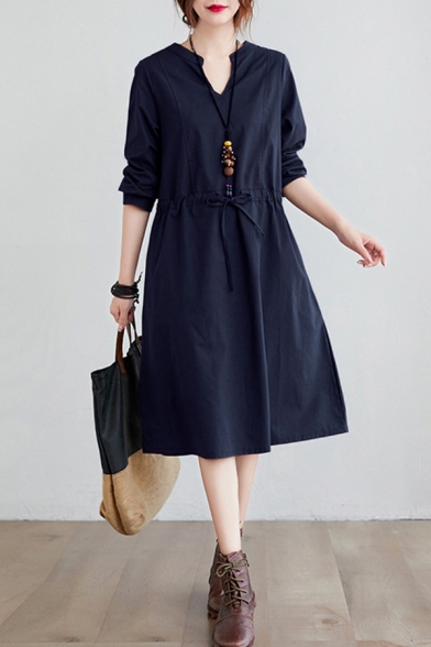 A-Line Dress Solid Color Drawstring Waist  Button-Cuffs Notched Collar Long Sleeves
