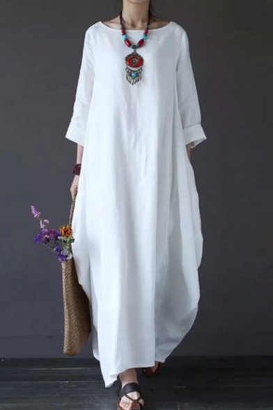Leisure Women's Swing Dress Solid Color Cotton and Linen Rolled Cuffs Round Neck Mid-sleeved Oversize Fit Swing Dress