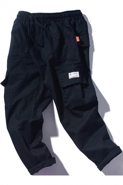 Mens Pants Trendy Flap Pockets Cotton Drawstring Waist Regular Fit 7/8 Length Tapered Cargo Pants