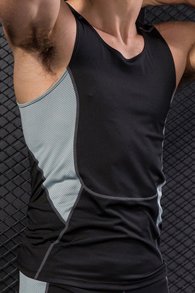 Mens Tank Top Trendy Color Block Panel Breathable Topstitching Scoop Neck Sleeveless Slim Fitted Tank Top
