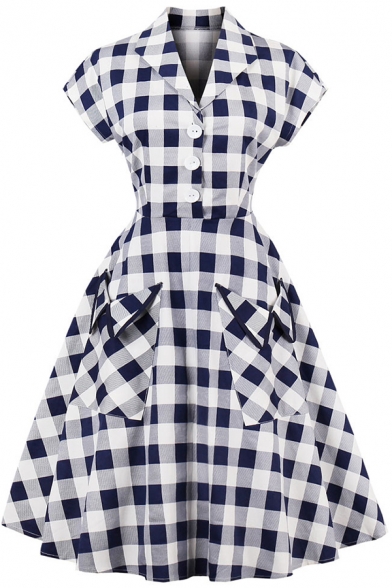Novelty Womens Dress Checkered Print Button Decoration Front-Pocket Waist Controlled Cap Sleeve Midi A-Line Slim Fitted Lapel Collar Swing Dress