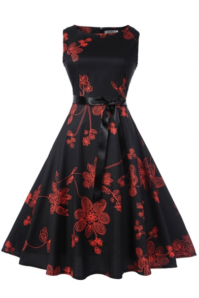 Novelty Womens Dress Floral Line Pattern Bow-Tie Waist Midi Slim Fitted Round Neck Sleeveless A-Line Swing Dress