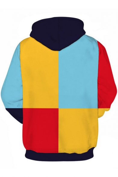 Retro Mens Hoodie Color Block Drawstring Kangaroo Pocket Loose Fit Long Sleeve Hooded Sweatshirt