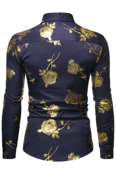 Retro Mens Shirt Rose Gilding Pattern Button-down Long Sleeve Point Collar Slim Fitted Shirt