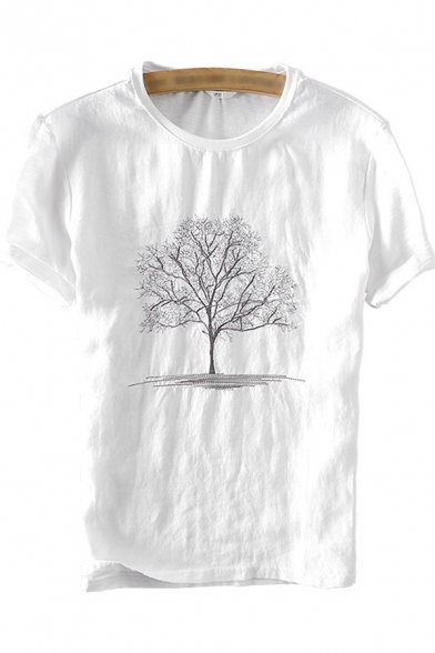 Retro Mens Tee Top Tree Branch Embroidered Cotton Linen Short Sleeve Regular Fitted Crew Neck Tee Top