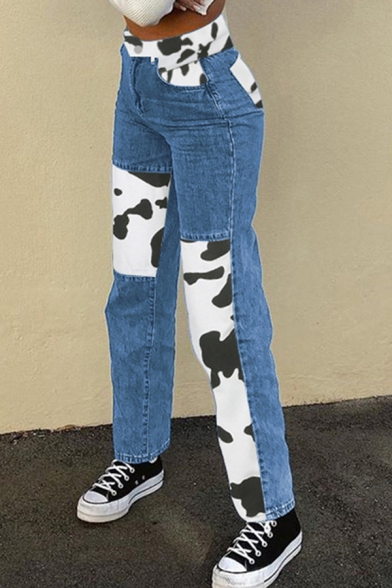 Retro Womens Jeans Cow Spot Print Contrast Panel Zipper Fly Regular Fit 7/8 Length Straight Jeans