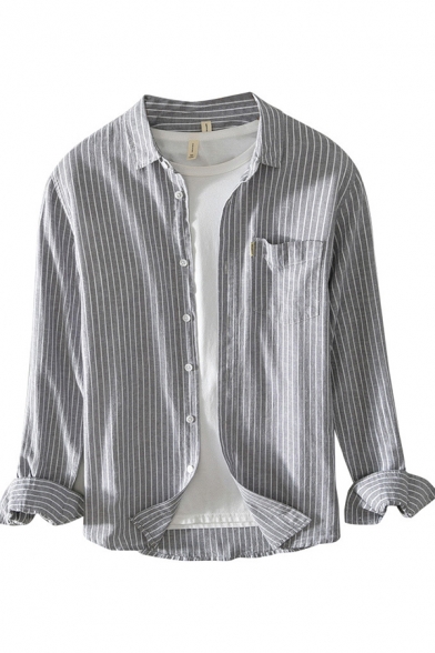 Vintage Mens Shirt Vertical Pinstripe Print Button up Chest Pocket Spread Collar Long Sleeve Regular Fit Shirt