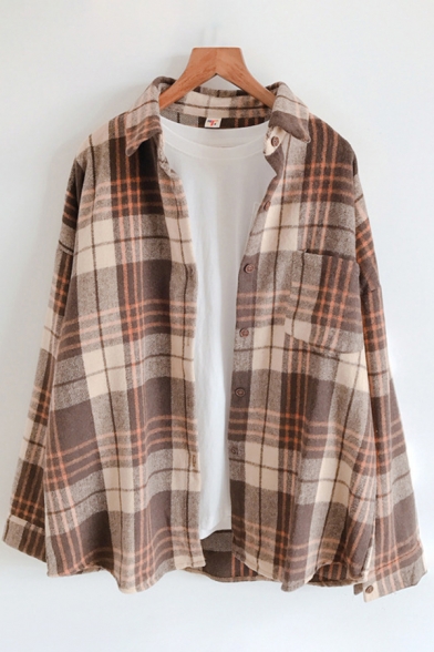 Vintage Womens Shirt Plaid Print Brushed Thick Chest Pocket Button up Point Collar Long Sleeve Loose Fit Shirt