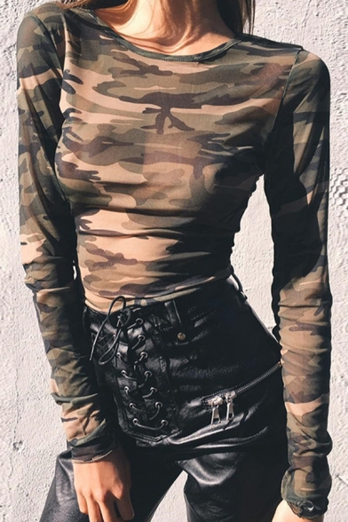 Womens Cropped Tee Top Stylish Camo Print See-through Mesh Slim Fitted Long Sleeve Crew Neck Tee Top