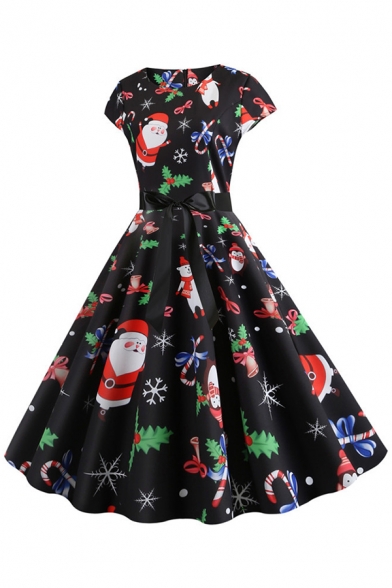Womens Dress Stylish Father Christmas Plaid Stocking Snowflake Gift Print Tie Waist Short Sleeve Midi A-Line Slim Fitted Round Neck Swing Dress