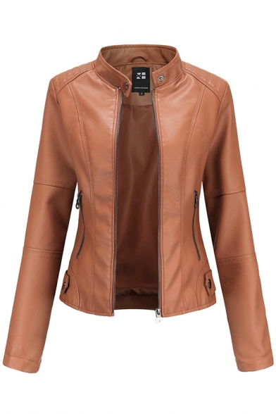 Womens Jacket Chic Solid Color Thin Zipper down Slim Fit Long Sleeve Stand Collar Leather Jacket