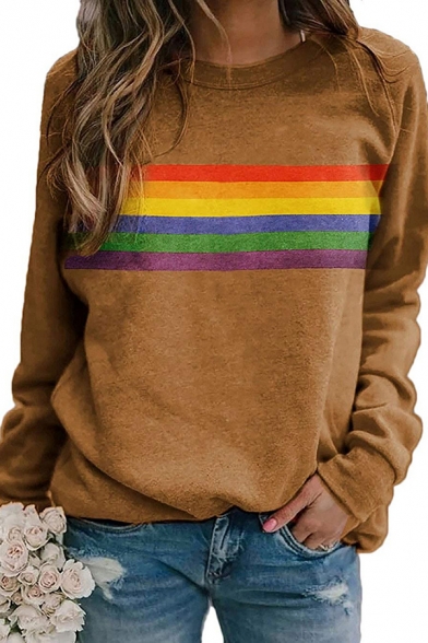 Womens Sweatshirt Casual Rainbow Stripe Pattern Long Sleeve Relaxed Fit Crew Neck Pullover Sweatshirt