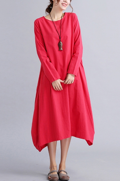 All-Match Swing Dress Solid Color Side Pockets Crew Neck Long-sleeved Relaxed Fit Long Swing Dress for Women