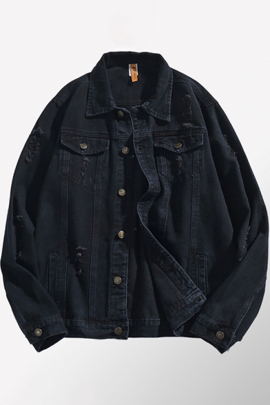 Basic Mens Jacket Ripped Button up Turn-down Collar Long Sleeve Loose Fitted Denim Jacket with Flap Chest Pockets