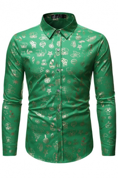 Basic Mens Shirt Gilding Christmas Tree Gift Star Snowman Bell Pattern Point Collar Button-down Slim Fitted Long Sleeve Shirt